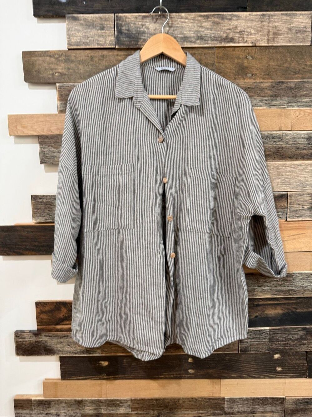 Linenfox grey stripes linen button front jacket shirt cardigan size L/XL